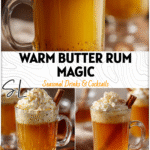 A steaming mug of butter rum mocktail topped with whipped cream and cinnamon stick on a rustic table.
